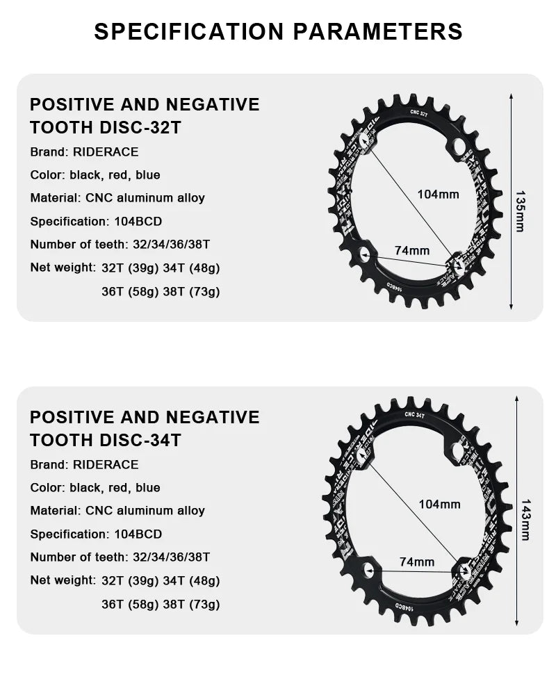 Bicycle Chainwheel 104BCD Round Shape Narrow Wide Mountain Bike Crankset Chainwheel Single Plate 32T/34T/36T/38T MTB Parts