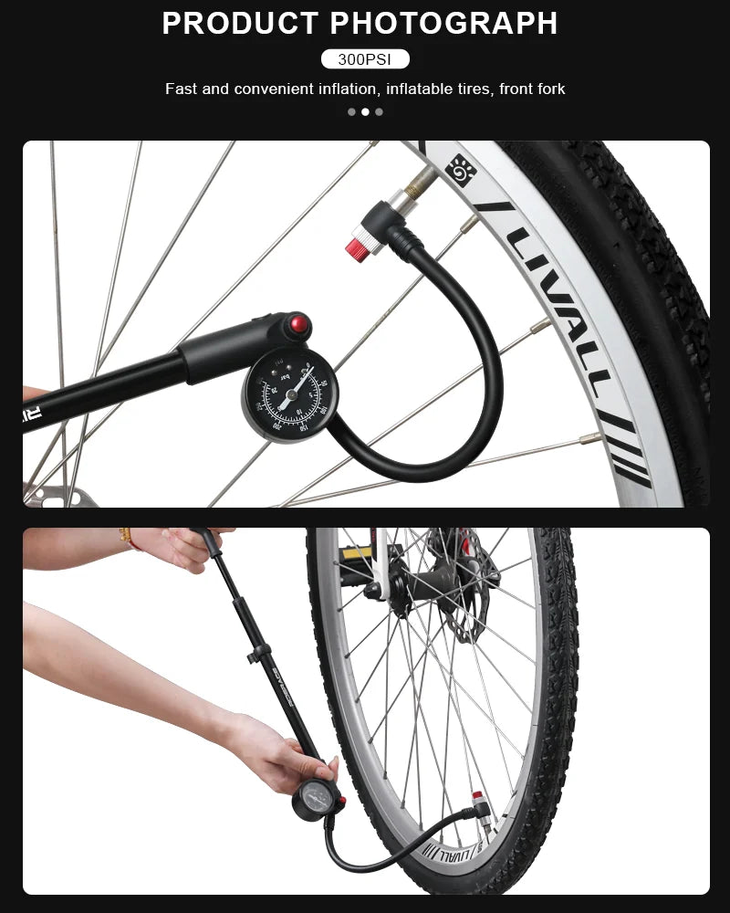 Bicycle Air Pump 300Psi High Pressure Schrader Presta Valve Bike Pump For Front Fork And Rear Suspension With Pressure Gauge