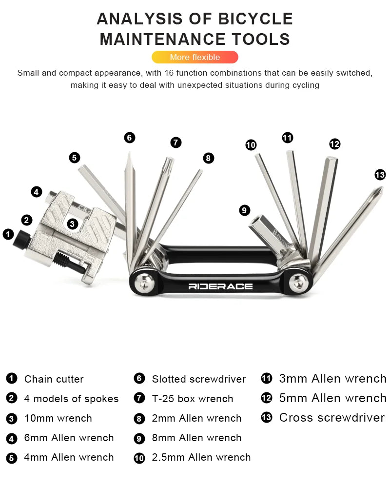 13 In 1 Bicycle Repair Tool Kit CR-V Steel Foldable Hex Spoke Wrench Screwdriver Multifunctional Chain Cutter Bike Multi Tool