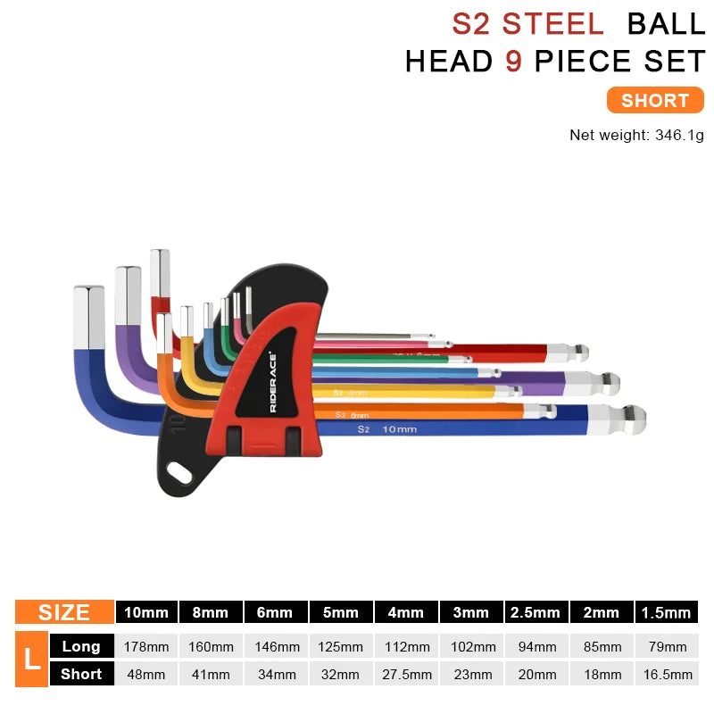 9Pcs Bicycle Inner Hexagonal Wrench S2 CR-V Steel Colorful Flat Ball Opening Wrench Bike Hex Key Set 1.5/2/2.5/3/4/5/6/8/10mm