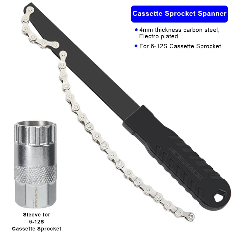 Bicycle Cassette Flywheel Removal Kit Road Bike Cassette Sleeve CR-V Steel Cycling Chain Whip Cassette Sprocket Remover Wrench