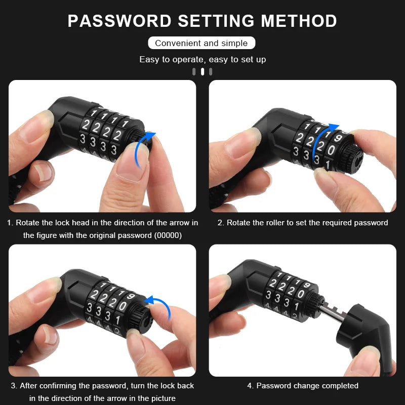 Portable Bike Chain Lock Anti-Theft High Security Mountain Road Bike Lock 4 Digit Security Password Lock Outdoor Cycling Padlock