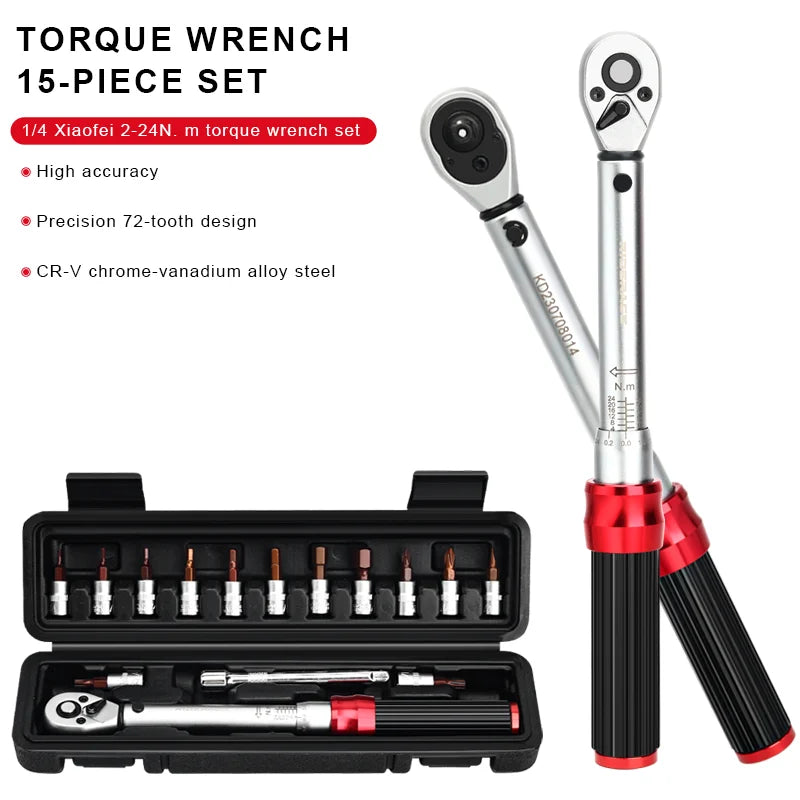 Bicycle Torque Wrench Set 15Pcs 1/4'' Drive 2-24Nm Double Scale Precise Ratchet Wrench Bike Allen Key Tool Socket Spanner Kit