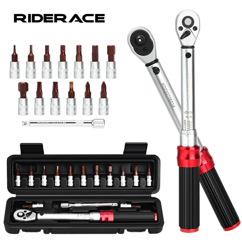 Bicycle Torque Wrench Set 15Pcs 1/4'' Drive 2-24Nm Double Scale Precise Ratchet Wrench Bike Allen Key Tool Socket Spanner Kit