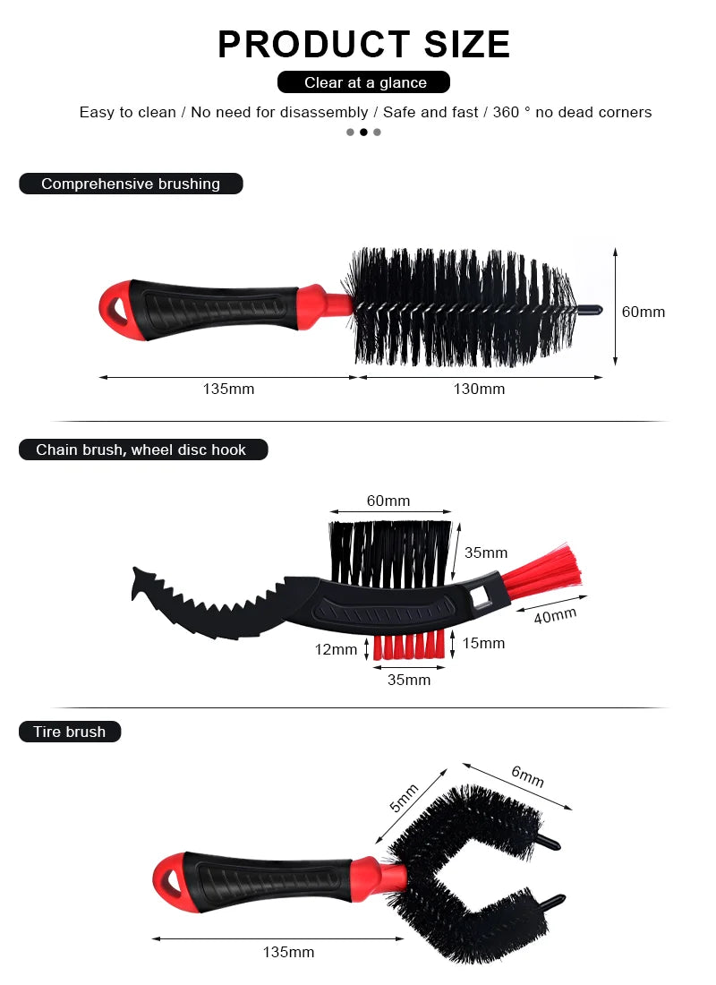 3Pcs Bicycle Cleaning Brush Kit Chain Scrubber Tool MTB Road Bike Tire Brush Cycling Scrubber Quick Washing Kit Cleaning Tools