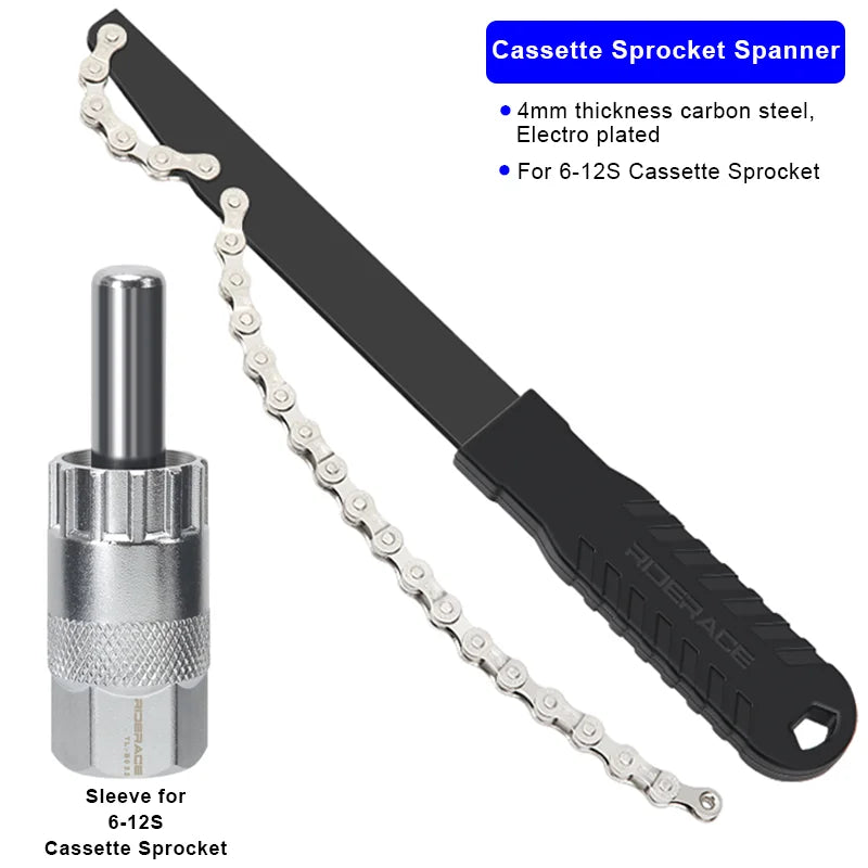 Bicycle Cassette Flywheel Removal Kit Road Bike Cassette Sleeve CR-V Steel Cycling Chain Whip Cassette Sprocket Remover Wrench