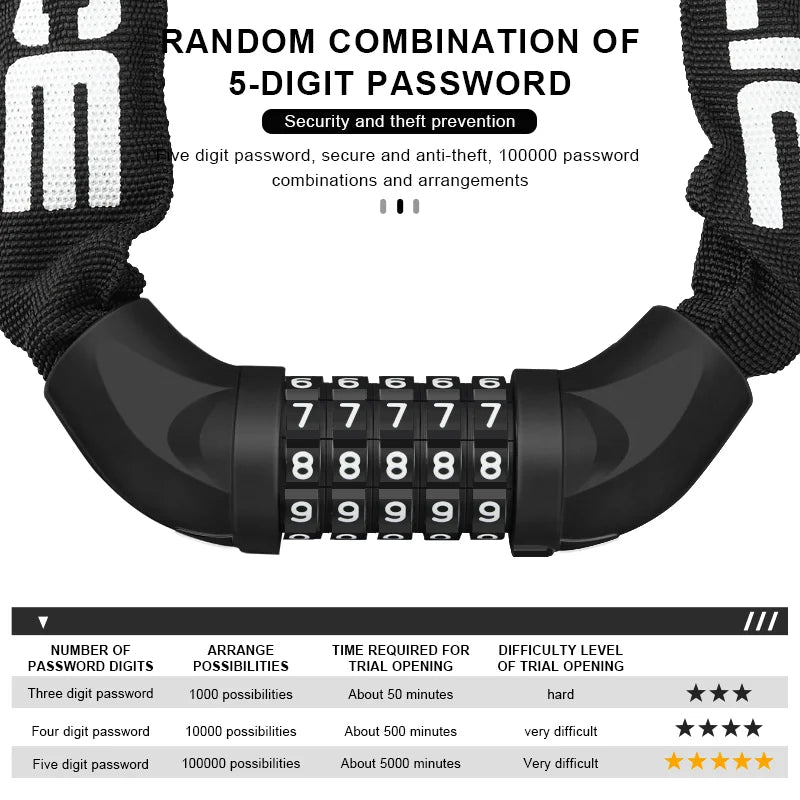 Bike Chain Lock 5-Digit Password High Security Anti-Theft Thicken Bicycle Password Lock Outdoor Cycling Accessories For Scooter