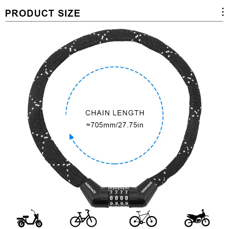 Portable Bike Chain Lock Anti-Theft High Security Mountain Road Bike Lock 4 Digit Security Password Lock Outdoor Cycling Padlock